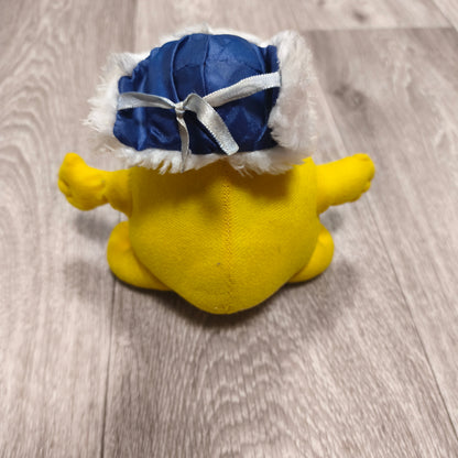 Vintage Delma Yellow Mascot Character Plush Soft Toy Blue Winter Hat Rare