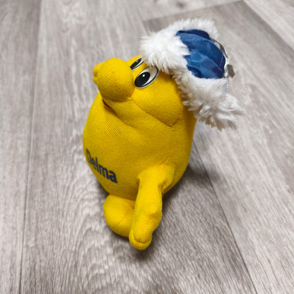 Vintage Delma Yellow Mascot Character Plush Soft Toy Blue Winter Hat Rare