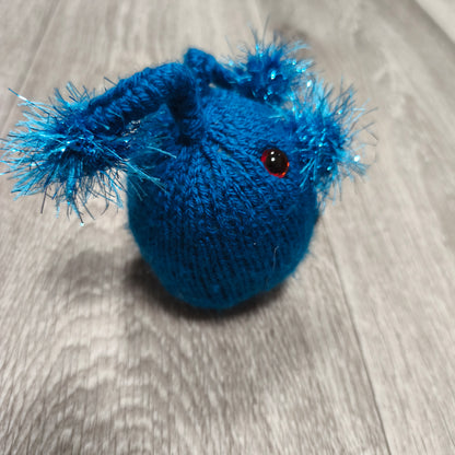 Handmade Knitted Blue Alien Creature Plush Toy Monster Figure Tinsel Fuzzy Eyes