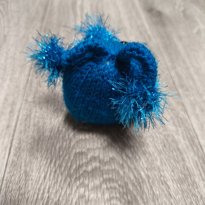 Handmade Knitted Blue Alien Creature Plush Toy Monster Figure Tinsel Fuzzy Eyes