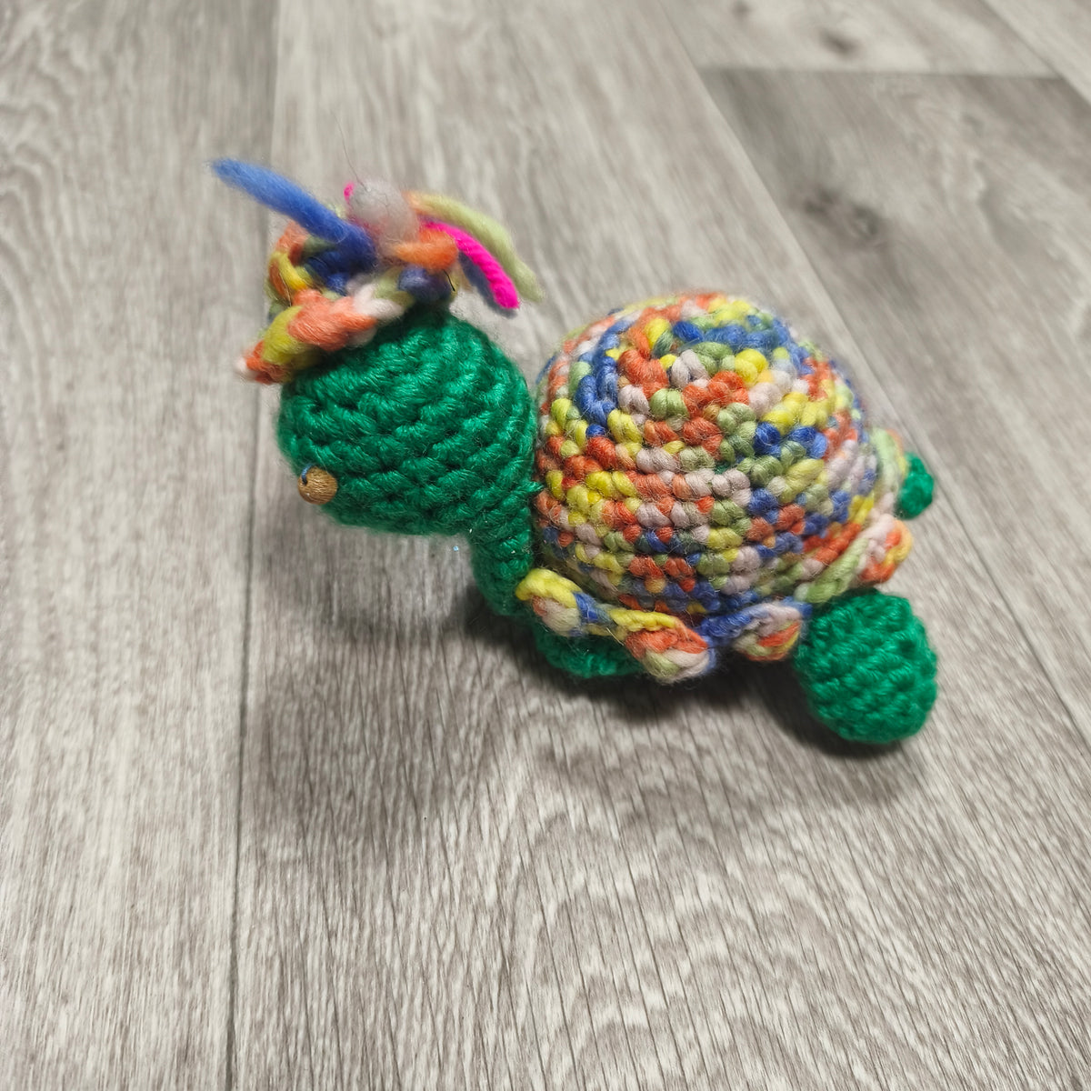 Handmade Crochet Turtle Figurine Multicolor Yarn Plush Sea Turtle Wooden Bead Eye