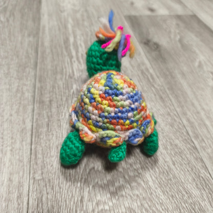 Handmade Crochet Turtle Figurine Multicolor Yarn Plush Sea Turtle Wooden Bead Eye