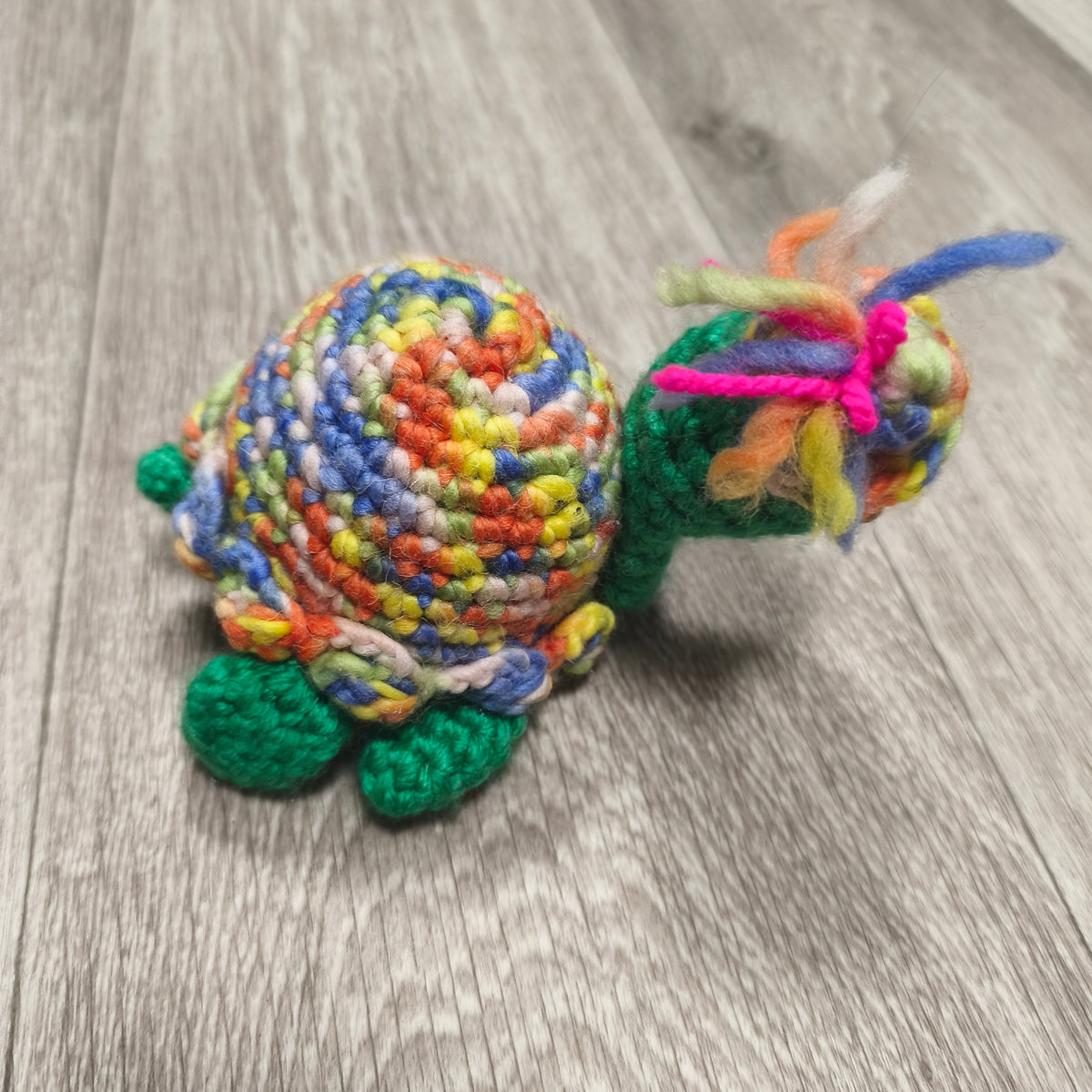 Handmade Crochet Turtle Figurine Multicolor Yarn Plush Sea Turtle Wooden Bead Eye