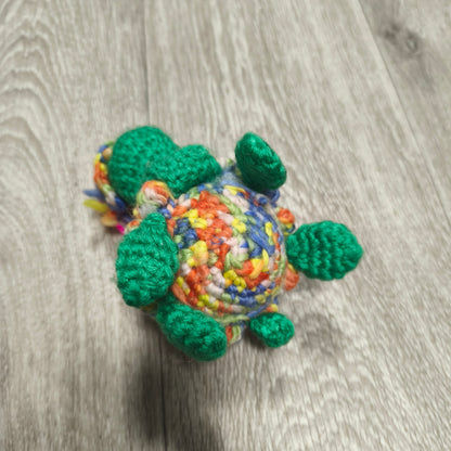Handmade Crochet Turtle Figurine Multicolor Yarn Plush Sea Turtle Wooden Bead Eye