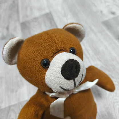 Vintage Small Brown Teddy Bear Plush Stuffed Animal Toy Ribbon Bow