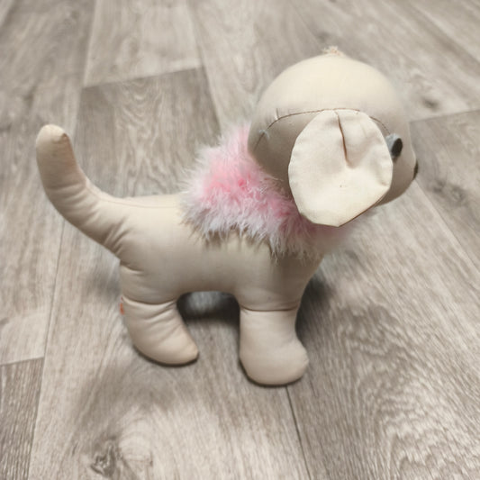 Plush Dog Soft Toy Beige Puppy Pink Feather Boa Collar Stuffed Animal 8"