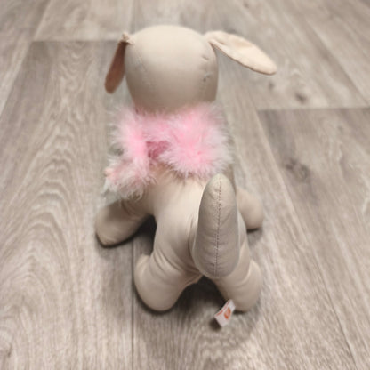 Plush Dog Soft Toy Beige Puppy Pink Feather Boa Collar Stuffed Animal 8"