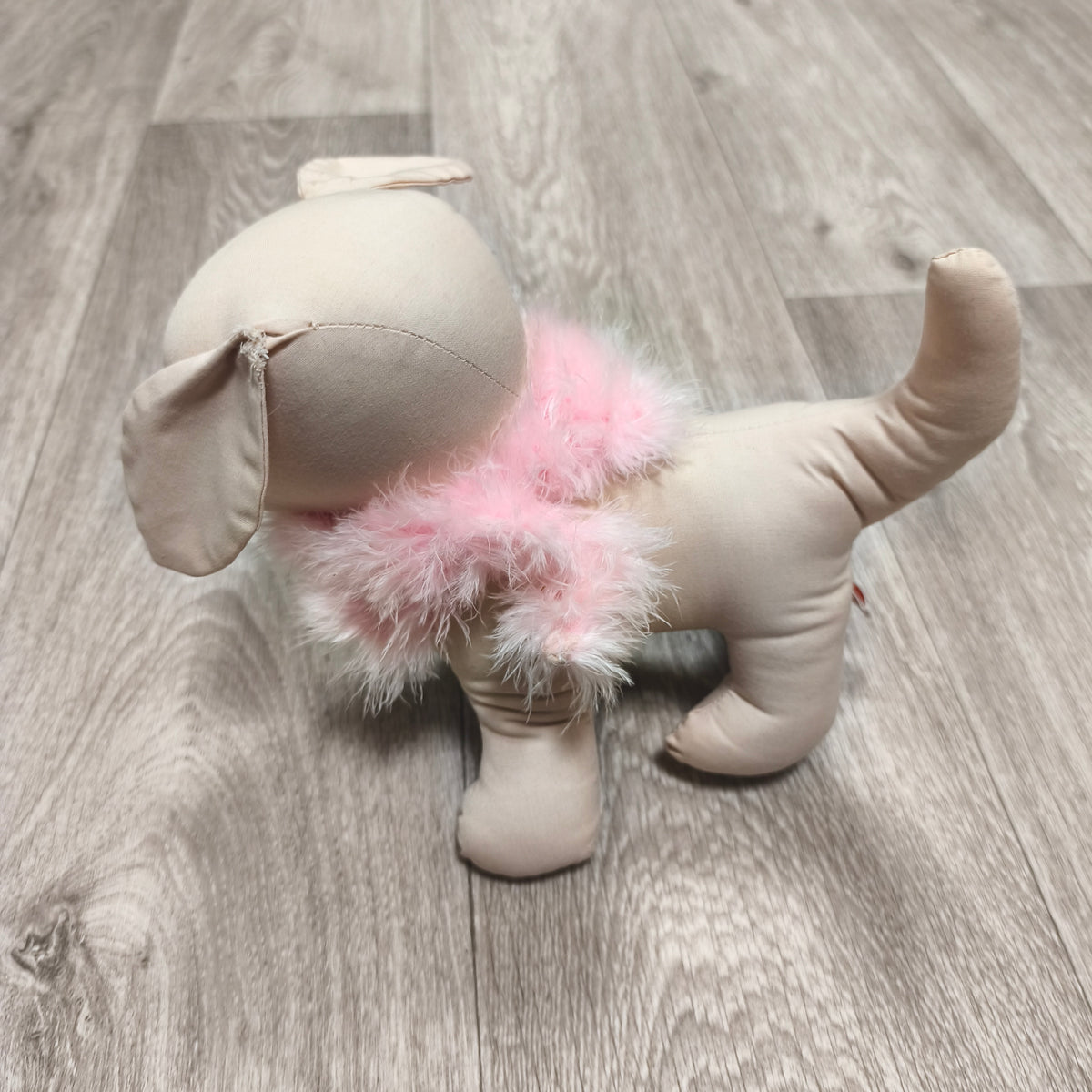 Plush Dog Soft Toy Beige Puppy Pink Feather Boa Collar Stuffed Animal 8"