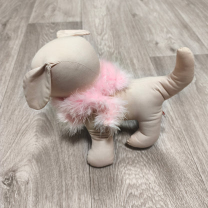Plush Dog Soft Toy Beige Puppy Pink Feather Boa Collar Stuffed Animal 8"