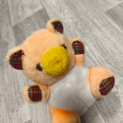 Vintage Plaid Teddy Bear Stuffed Animal Orange White Yellow Snout Plush Toy