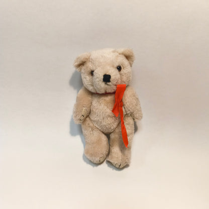 Vintage Beige Plush Teddy Bear Soft Stuffed Animal Toy Red Ribbon Bow