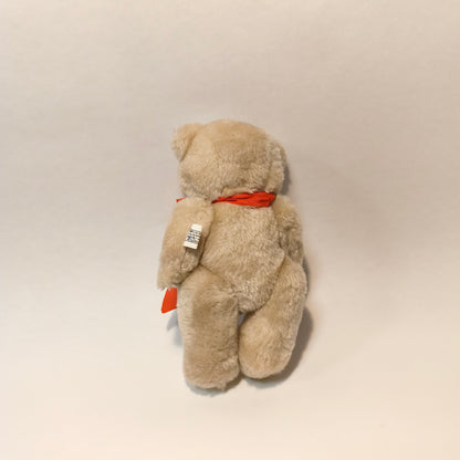 Vintage Beige Plush Teddy Bear Soft Stuffed Animal Toy Red Ribbon Bow