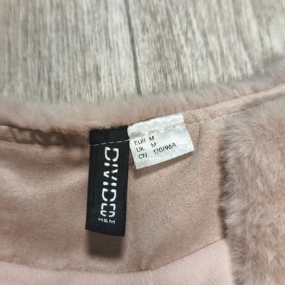 H&M Divided Women Faux Fur Jacket Size M Beige Pink Collarless Coat