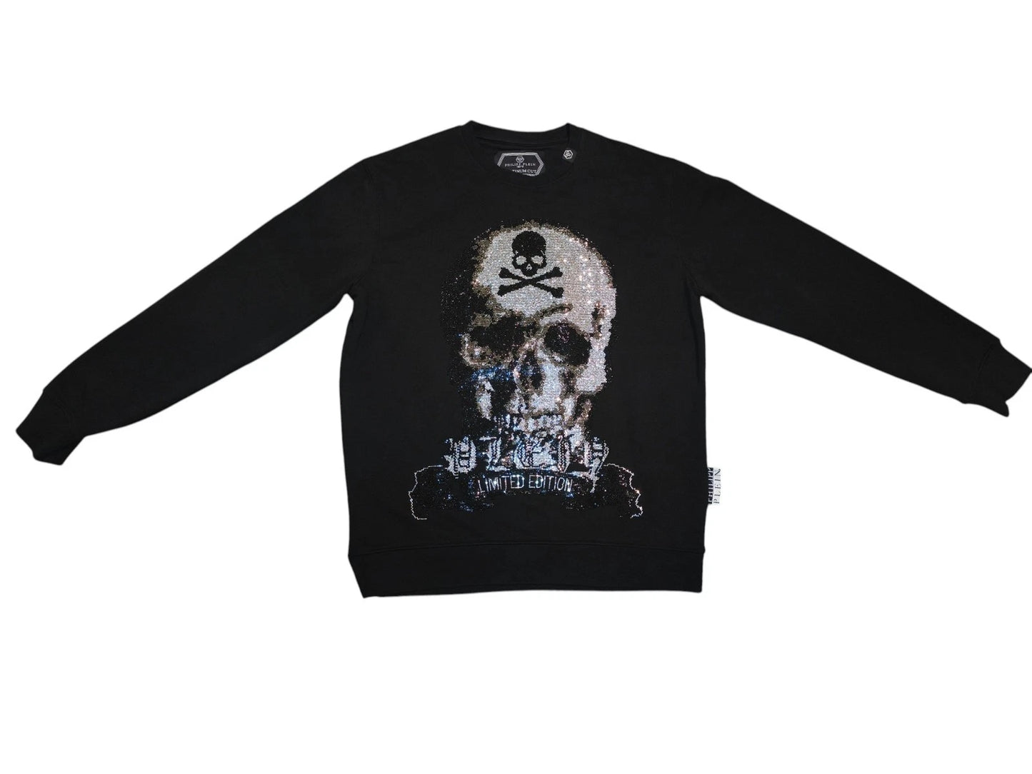 PHILIPP PLEIN Platinum Cut Sweatshirt Black Rhinestone Crystal Skull Men L XL