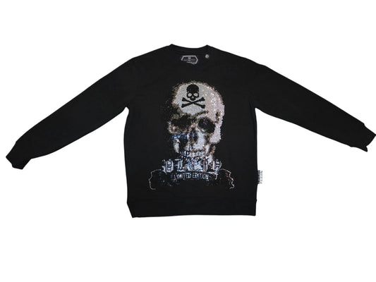 PHILIPP PLEIN Platinum Cut Sweatshirt Black Rhinestone Crystal Skull Men L XL