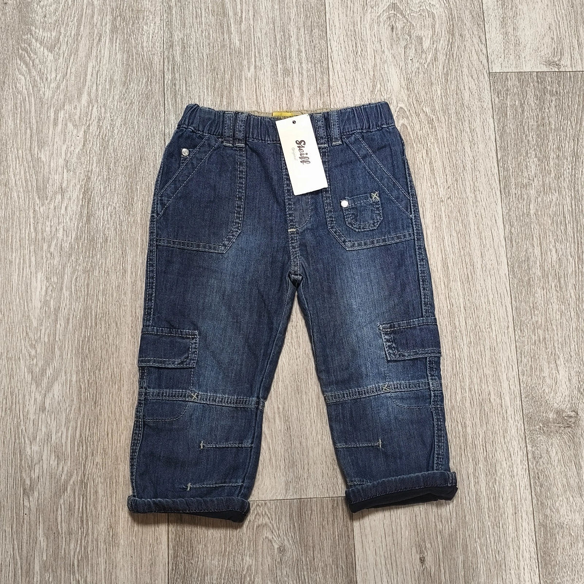 Steiff Original Baby Denim Cargo Pants Blue Elastic Waist Cuffed Jeans NWT