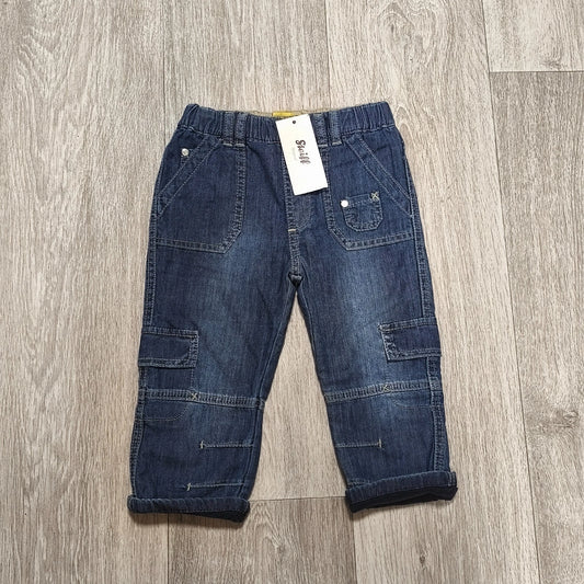 Steiff Original Baby Denim Cargo Pants Blue Elastic Waist Cuffed Jeans NWT
