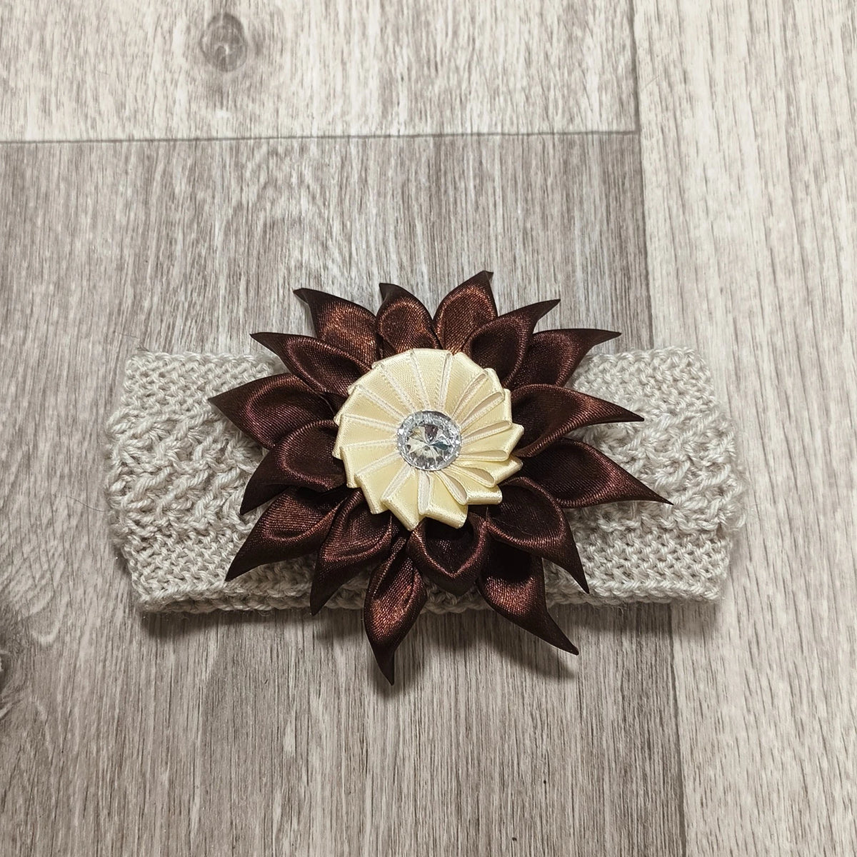 Handmade Knit Headband Beige Brown Satin Flower Rhinestone Ear Warmer