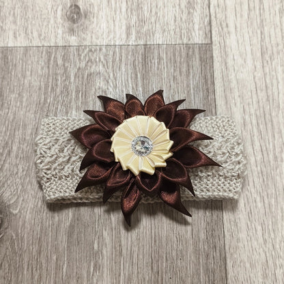 Handmade Knit Headband Beige Brown Satin Flower Rhinestone Ear Warmer