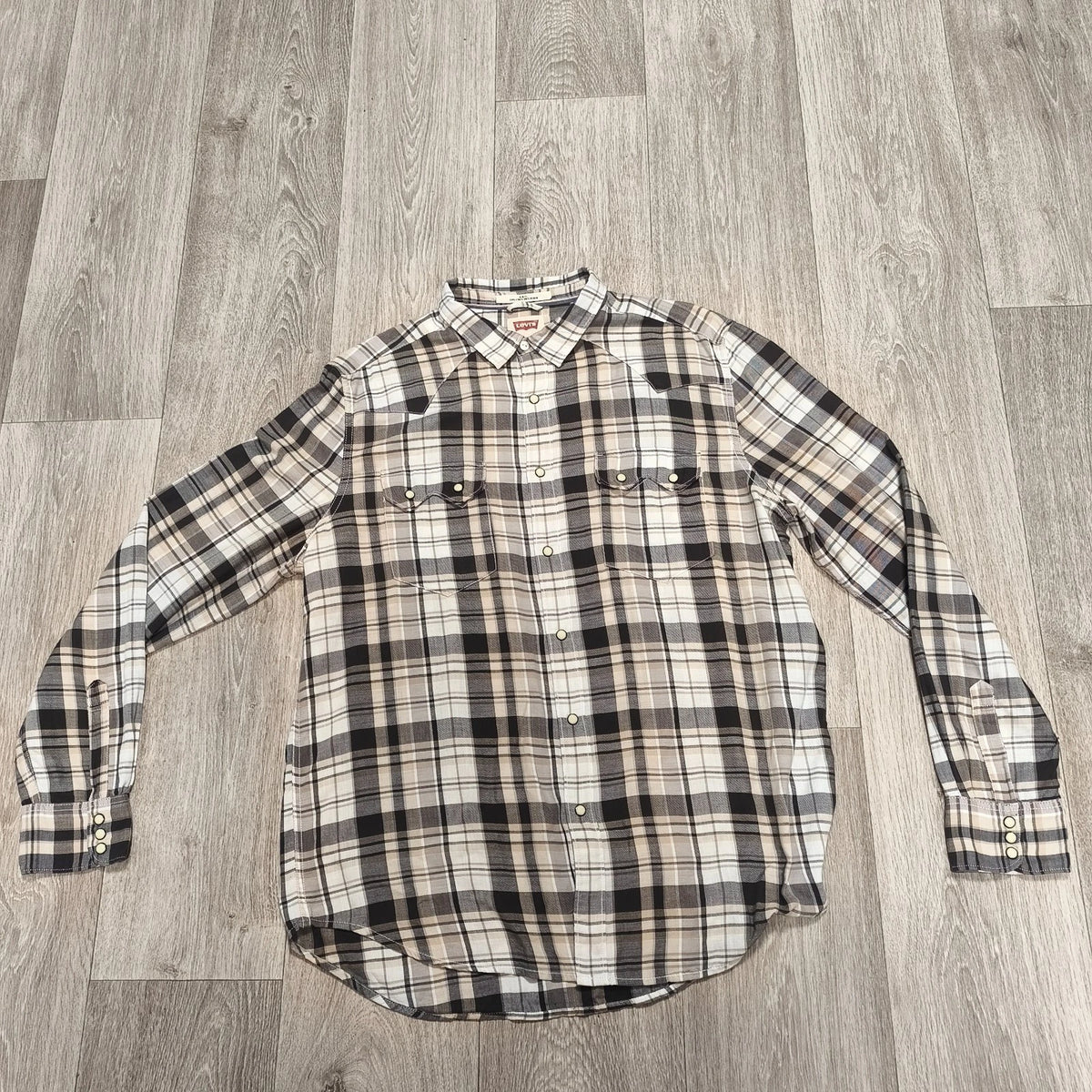 Levi's Mens Western Shirt XXL Slim Fit Plaid Pearl Snap Long Sleeve Beige Black