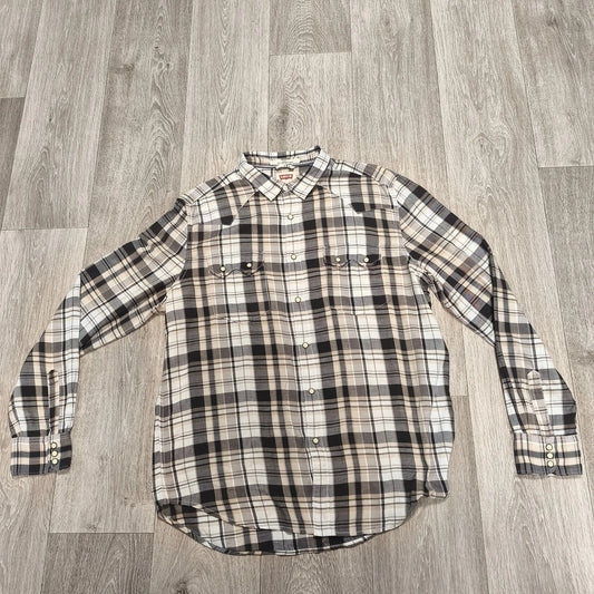 Levi's Mens Western Shirt XXL Slim Fit Plaid Pearl Snap Long Sleeve Beige Black