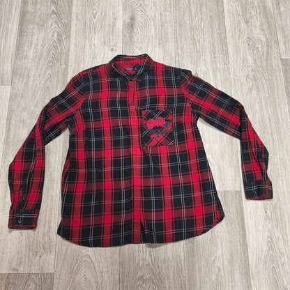 RESERVED Womens Red Black Plaid Shirt Embroidered Rose Pocket Size UK 8 EUR 36