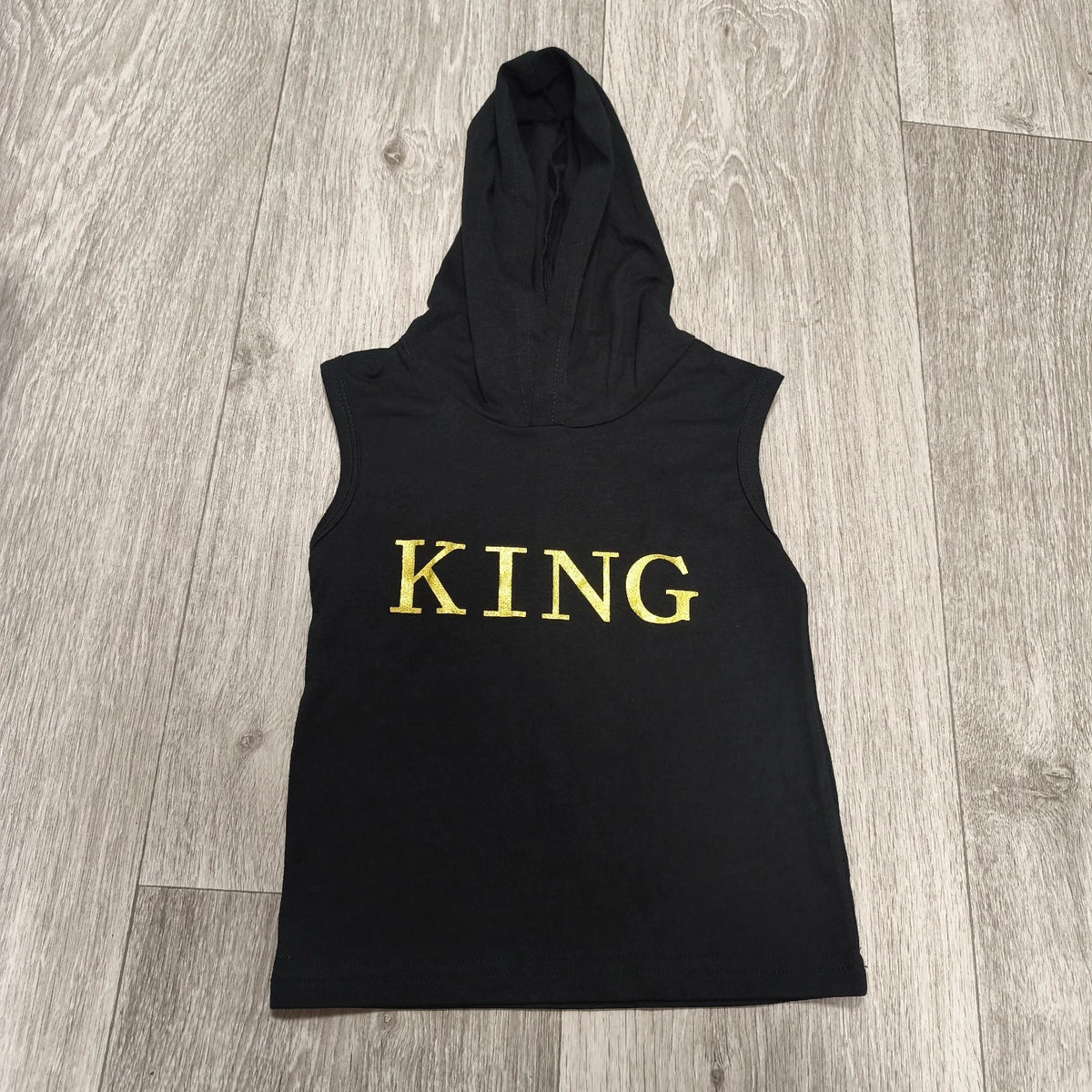 Sleeveless Black Hooded Tank Top Size 90 Graphic Print KING Cotton Blend