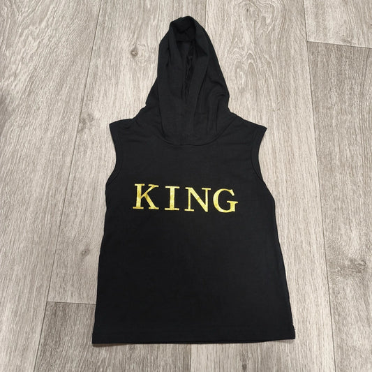 Sleeveless Black Hooded Tank Top Size 90 Graphic Print KING Cotton Blend
