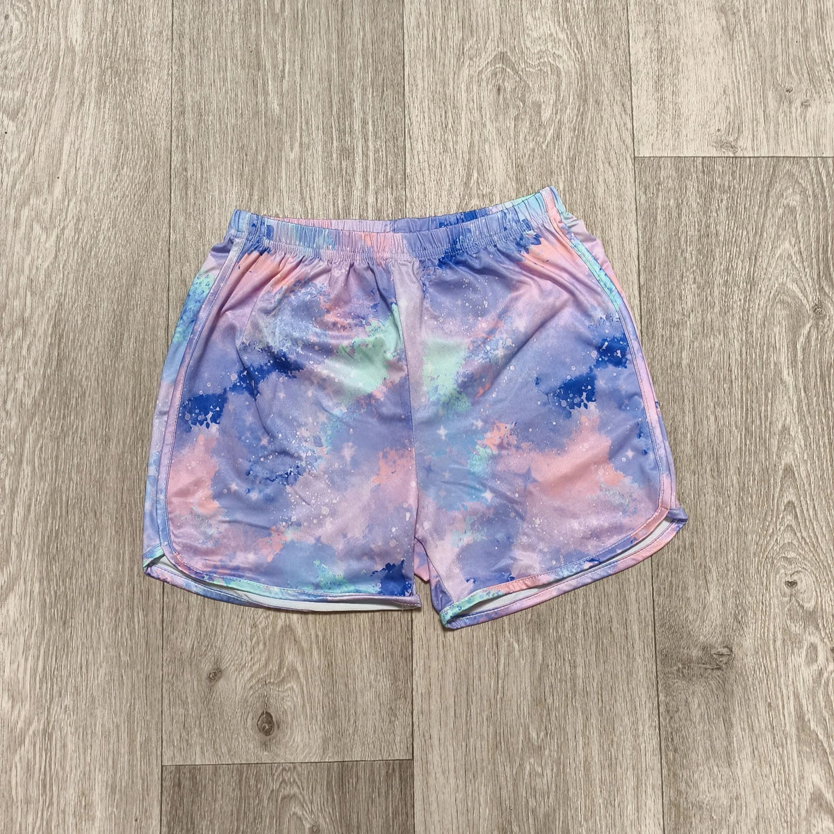 SHEIN Girls Size 10Y Galaxy Tie Dye Print Athletic Dolphin Shorts Elastic Waist