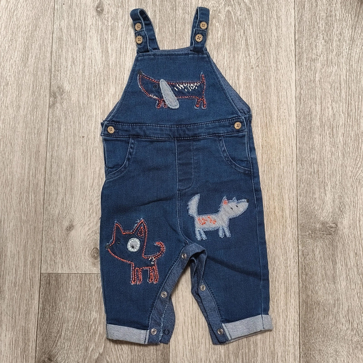 Next Baby Blue Denim Dungarees Overalls Dog Embroidery Snap Inseam 3-6 Months
