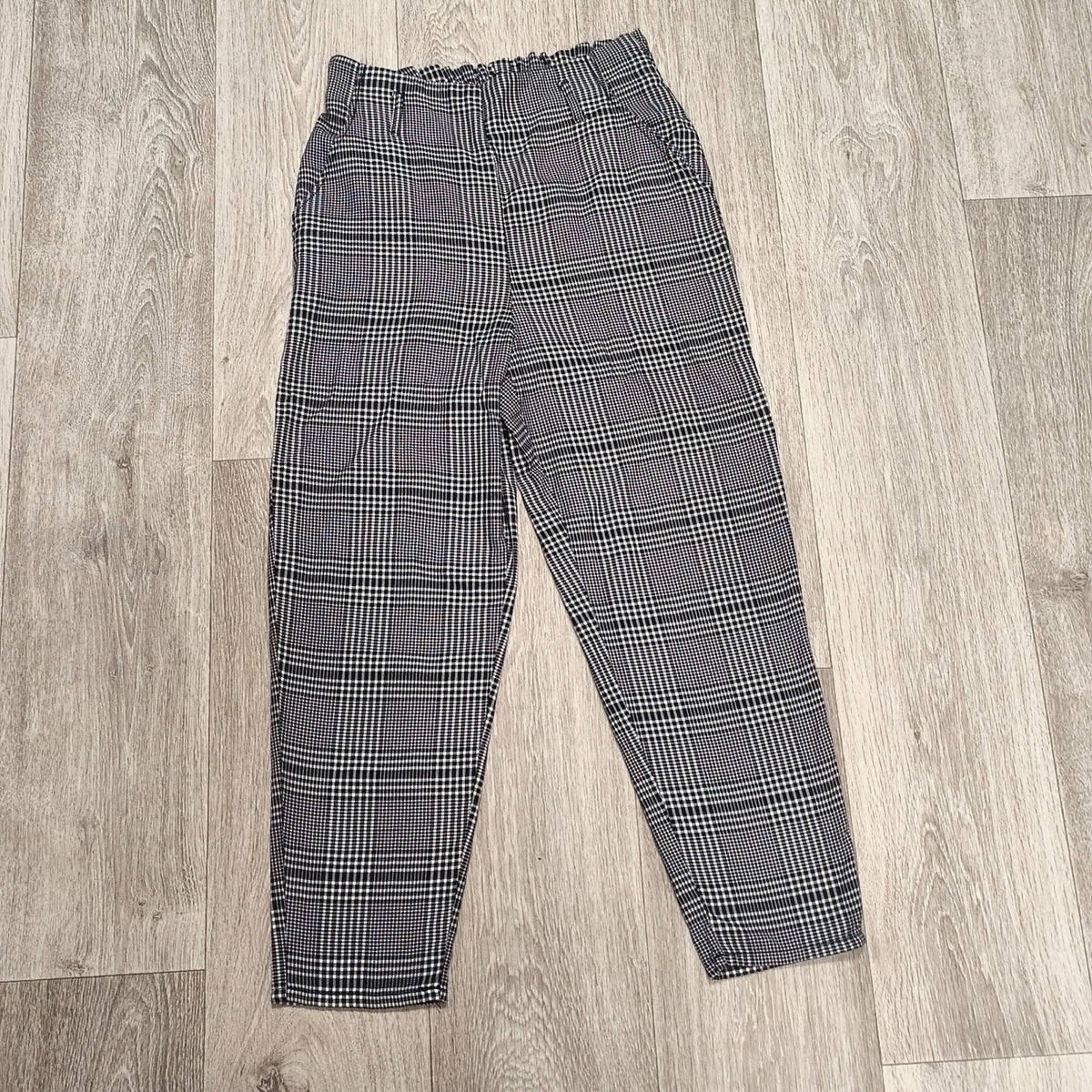 Womens Plaid Check Trousers Elastic Waist Tapered Ankle Pants Smart Casual