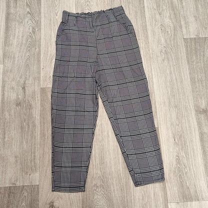 Womens Plaid Check Trousers Elastic Waist Tapered Ankle Pants Smart Casual