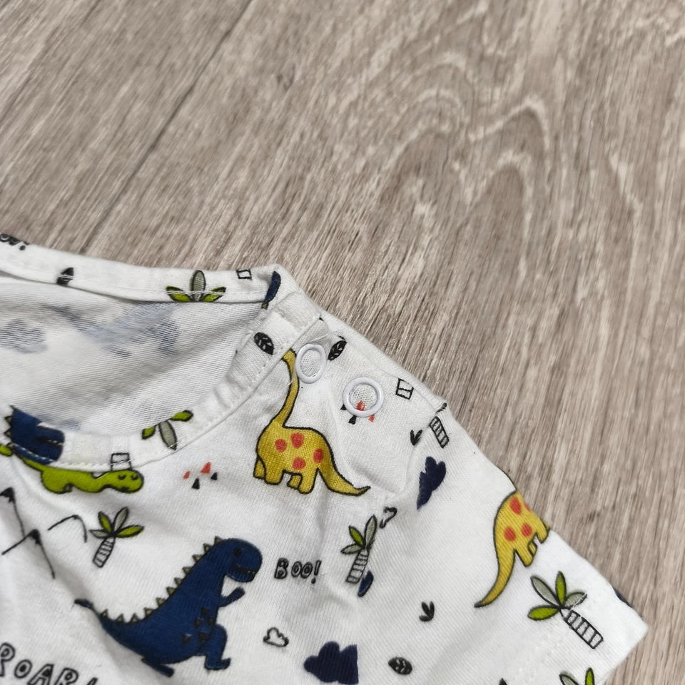 Baby Boys Dinosaur T-Shirt Short Sleeve White All Over Print 3-6 Months Snap