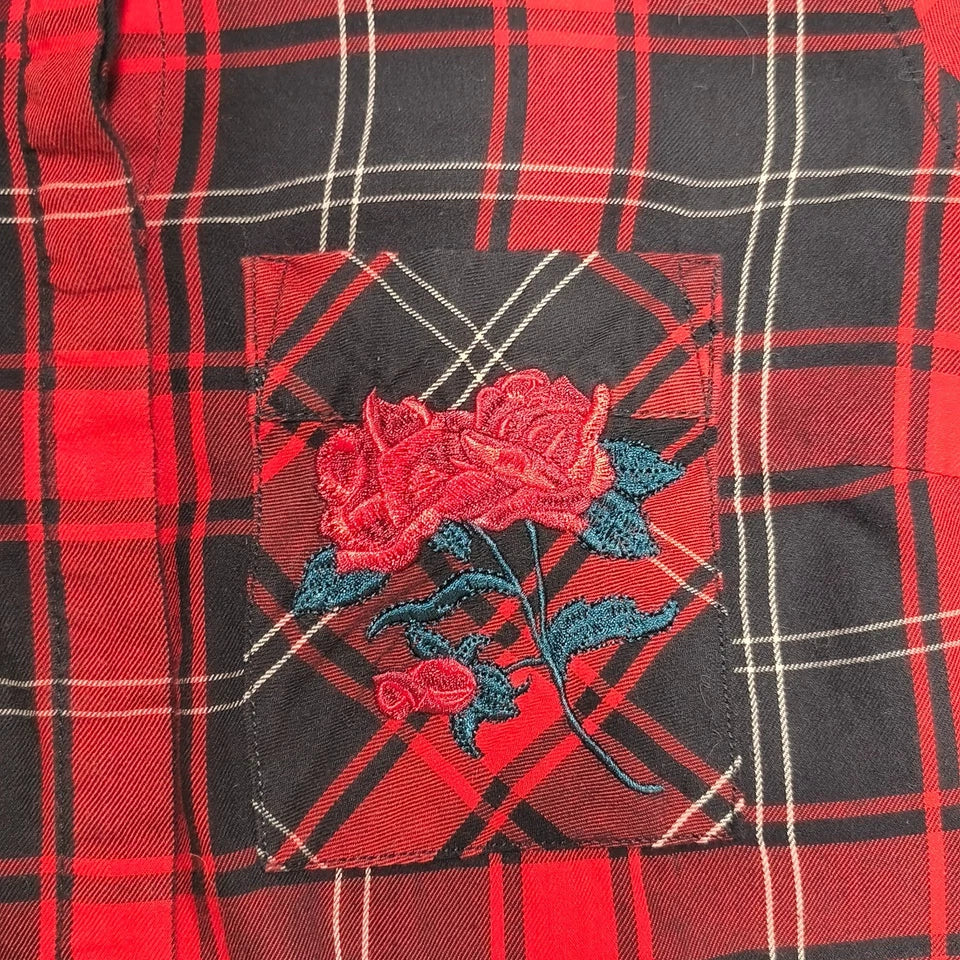RESERVED Womens Red Black Plaid Shirt Embroidered Rose Pocket Size UK 8 EUR 36