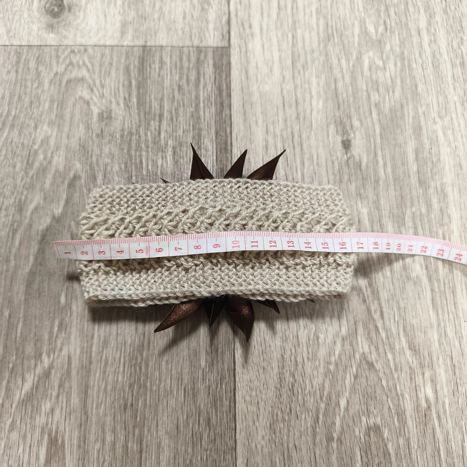 Handmade Knit Headband Beige Brown Satin Flower Rhinestone Ear Warmer