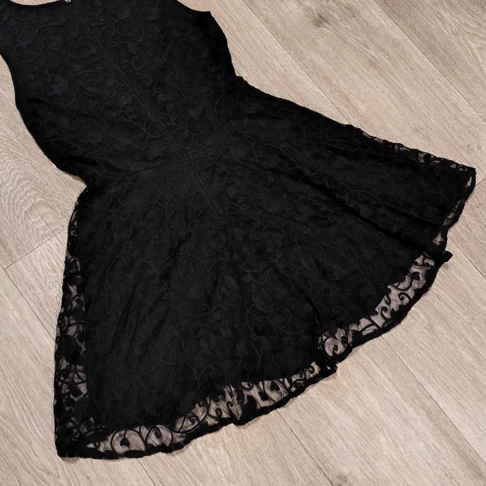 TINC London Womens Black Lace Embroidered Fit Flare Mini Dress Sleeveless Size S