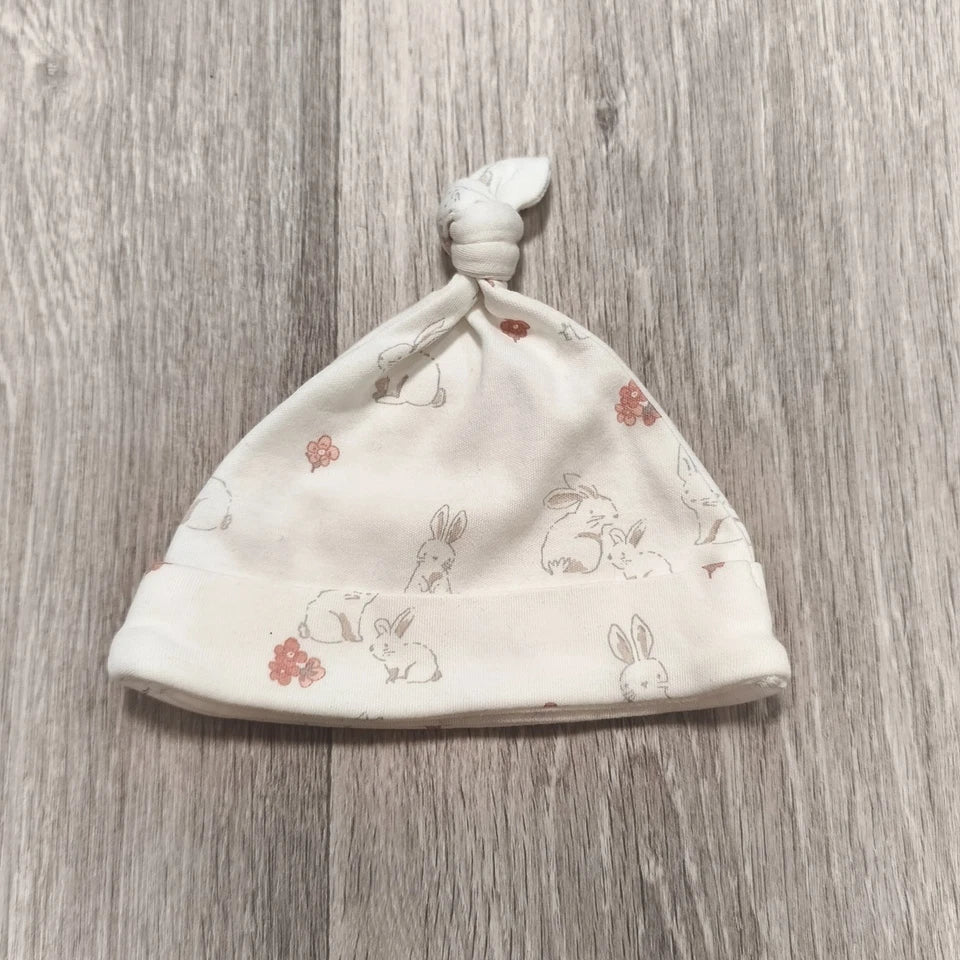 Next Baby First Size Top Knot Hat Bunny Rabbit Print 100% Cotton Newborn Beanie