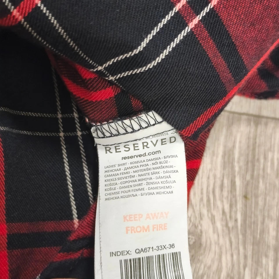 RESERVED Womens Red Black Plaid Shirt Embroidered Rose Pocket Size UK 8 EUR 36