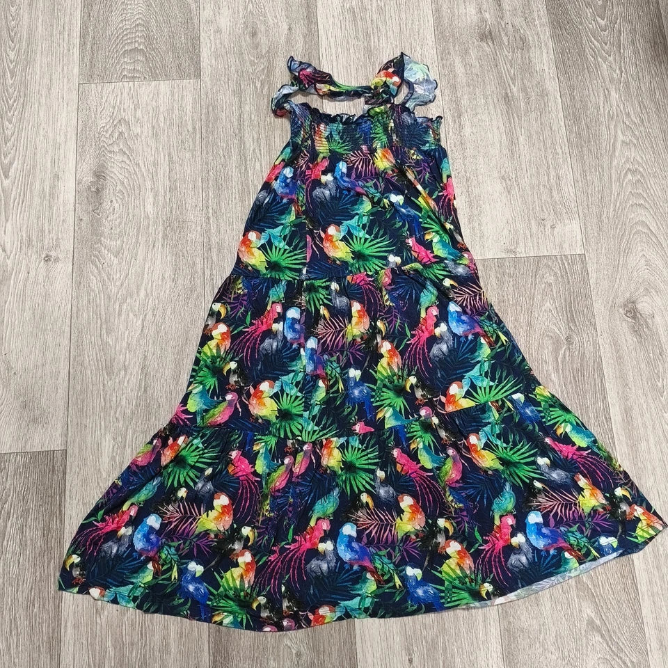 Next Girls Tropical Parrot Print Tiered Dress Age 9 Yrs 134cm Smocked Sundress