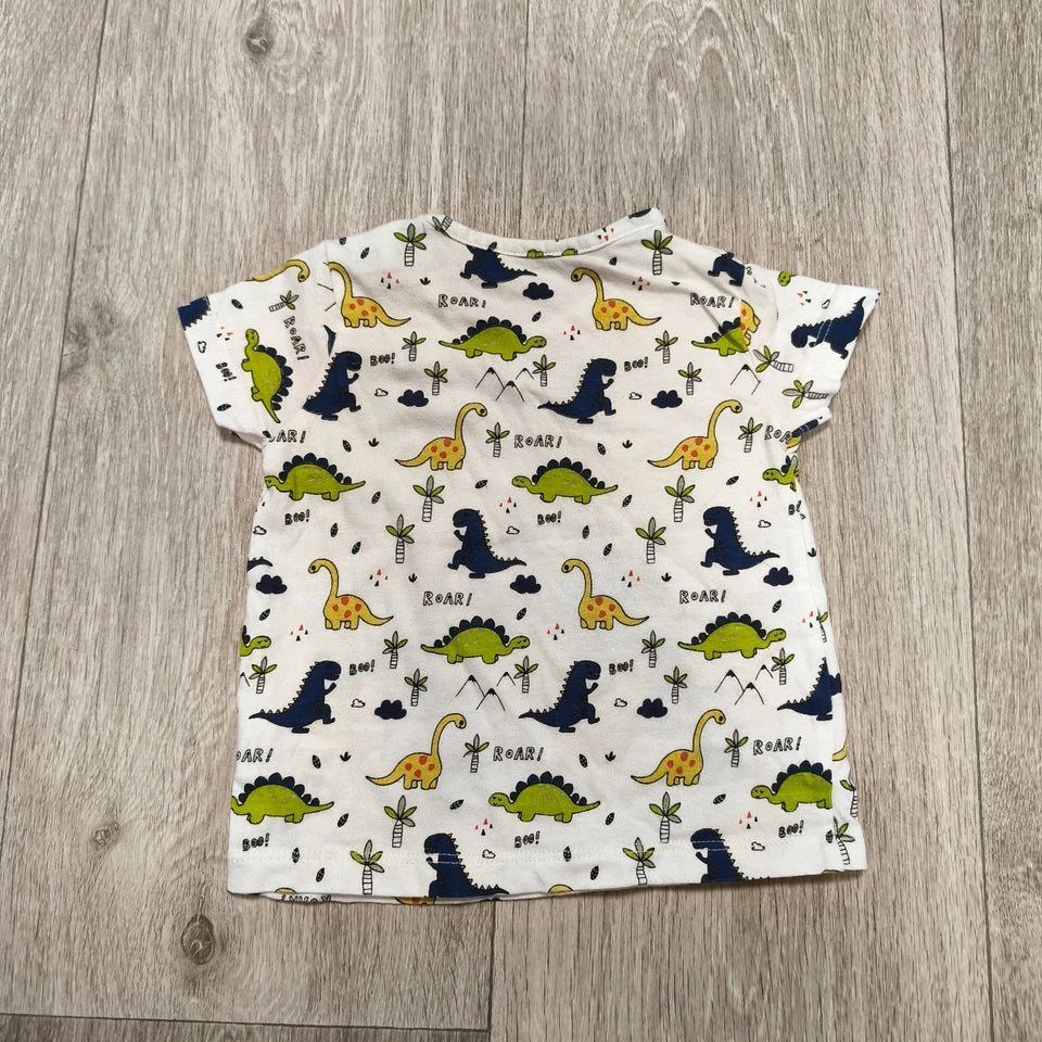 Baby Boys Dinosaur T-Shirt Short Sleeve White All Over Print 3-6 Months Snap