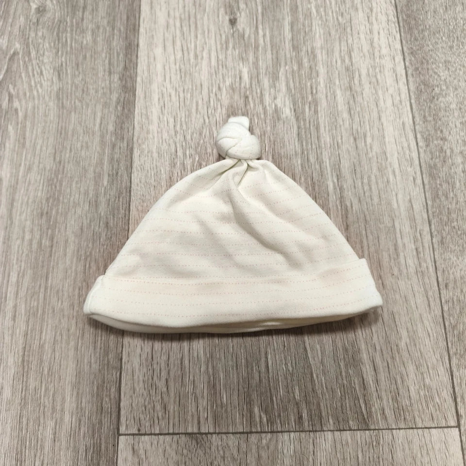 Next Baby Top Knot Hat Beanie White Striped 100% Cotton 0-3 Months