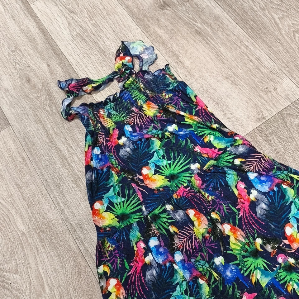 Next Girls Tropical Parrot Print Tiered Dress Age 9 Yrs 134cm Smocked Sundress