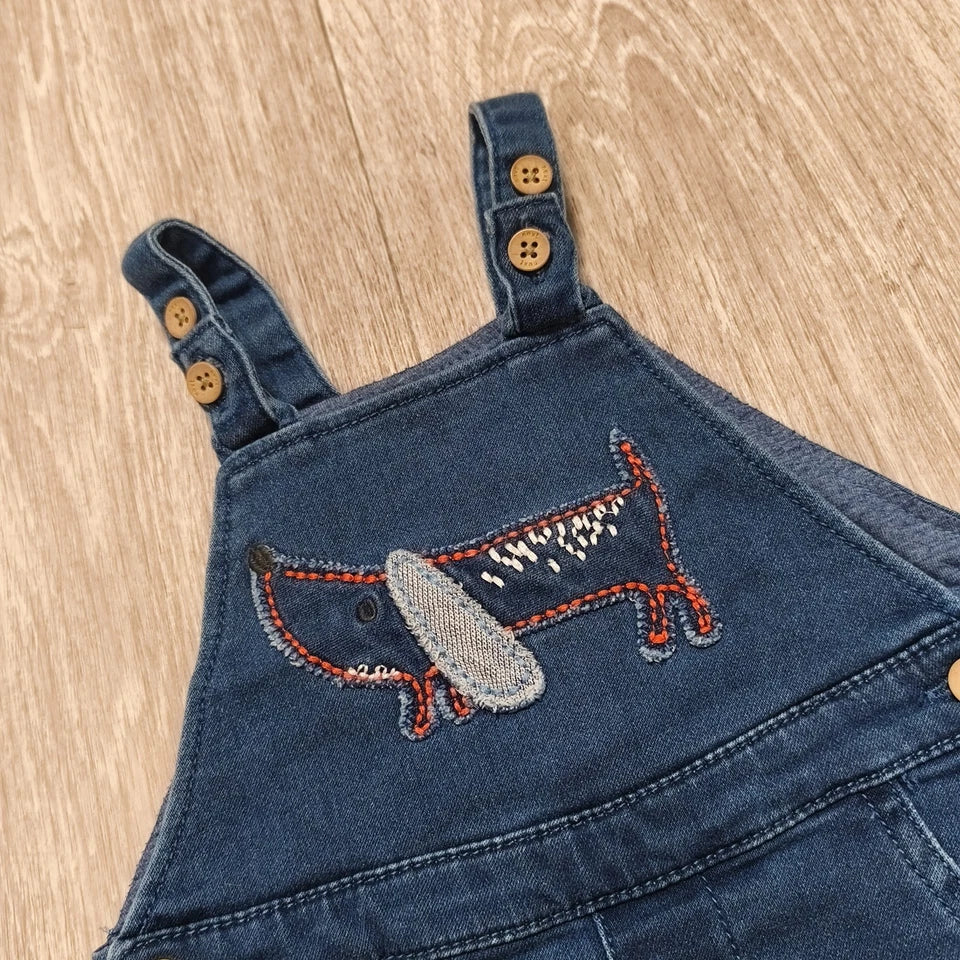 Next Baby Blue Denim Dungarees Overalls Dog Embroidery Snap Inseam 3-6 Months
