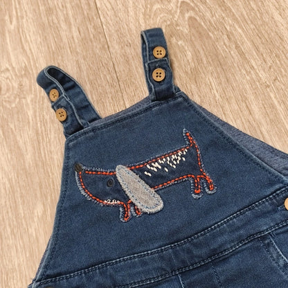 Next Baby Blue Denim Dungarees Overalls Dog Embroidery Snap Inseam 3-6 Months