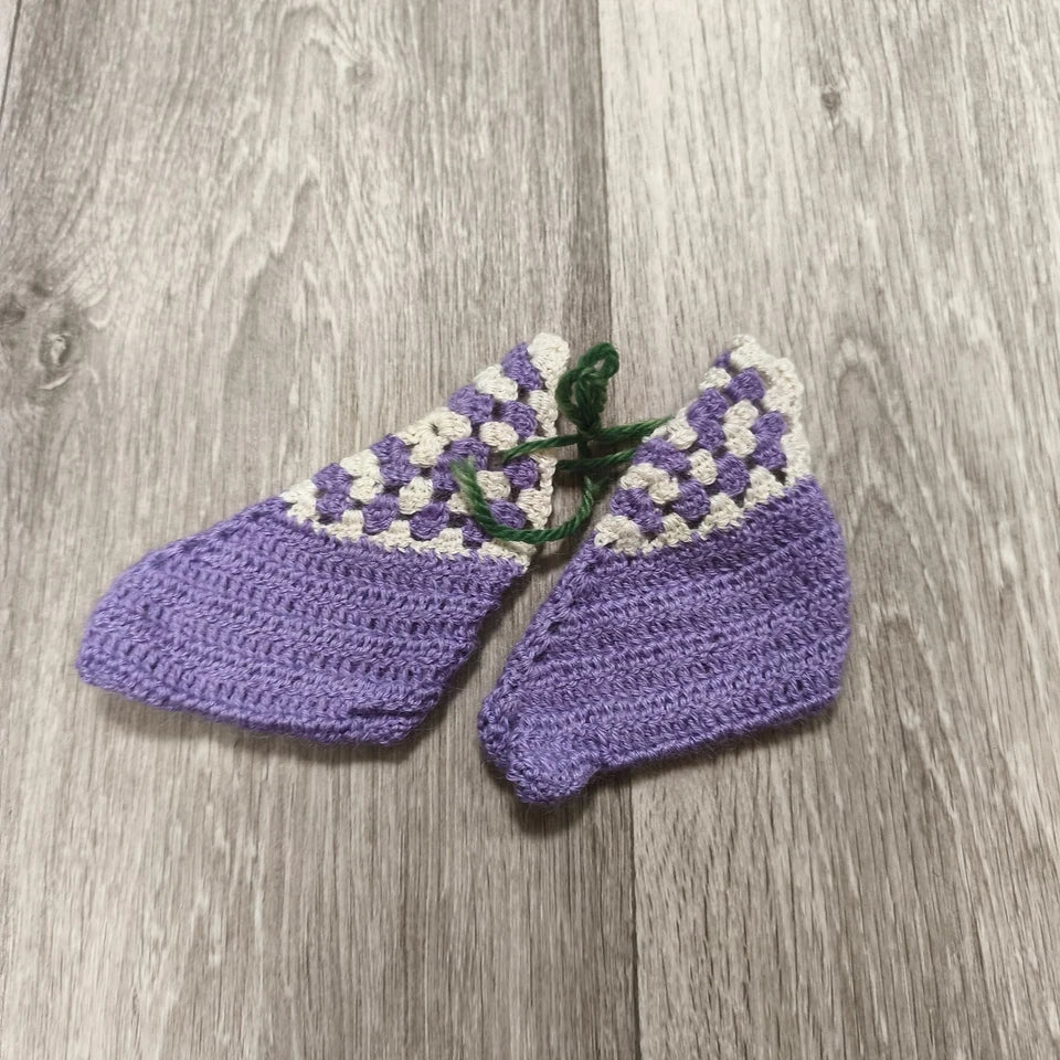 Handmade Crochet Baby Booties Purple Cream Knit Slippers Shoes Green Tie 10cm
