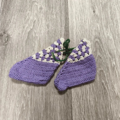 Handmade Crochet Baby Booties Purple Cream Knit Slippers Shoes Green Tie 10cm