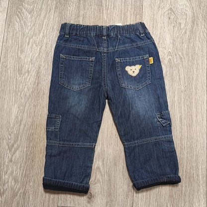 Steiff Original Baby Denim Cargo Pants Blue Elastic Waist Cuffed Jeans NWT