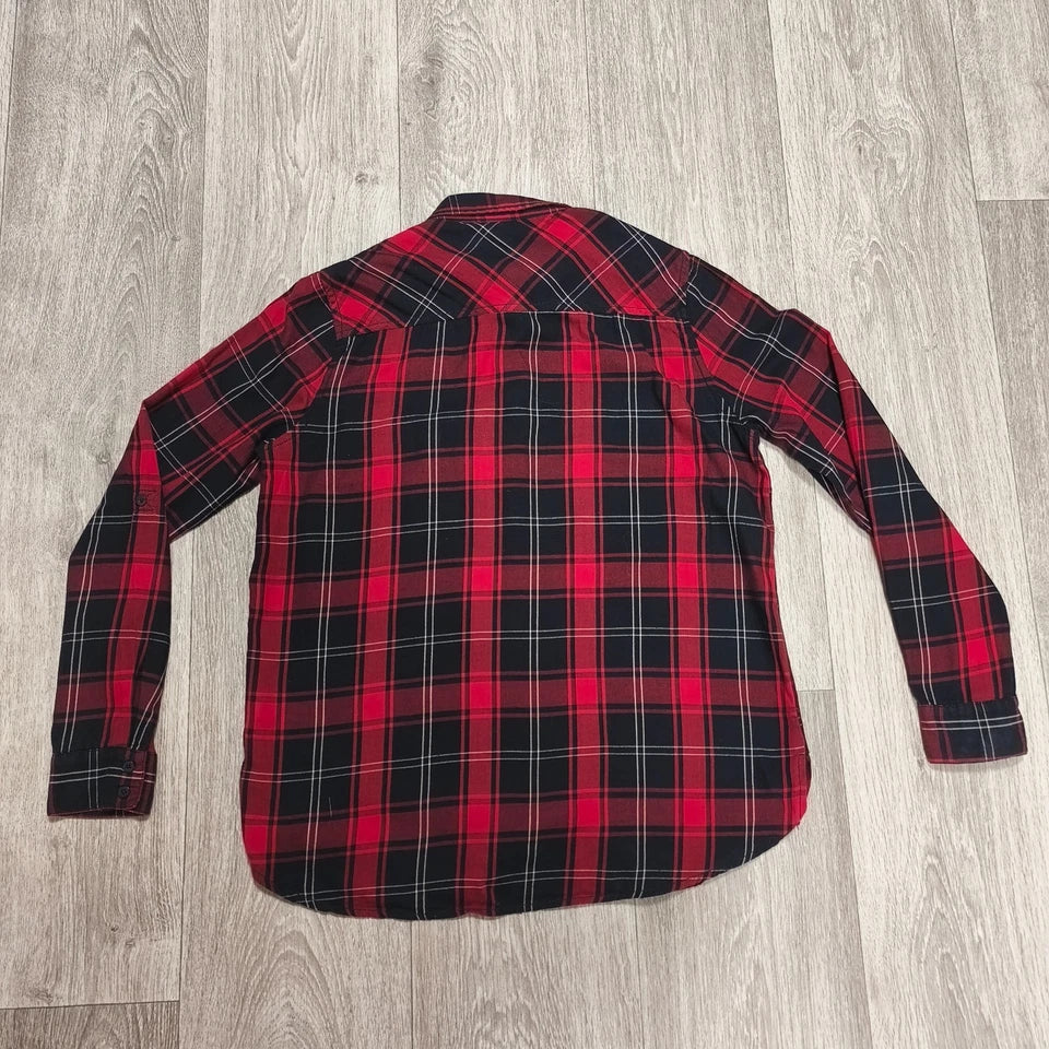 RESERVED Womens Red Black Plaid Shirt Embroidered Rose Pocket Size UK 8 EUR 36