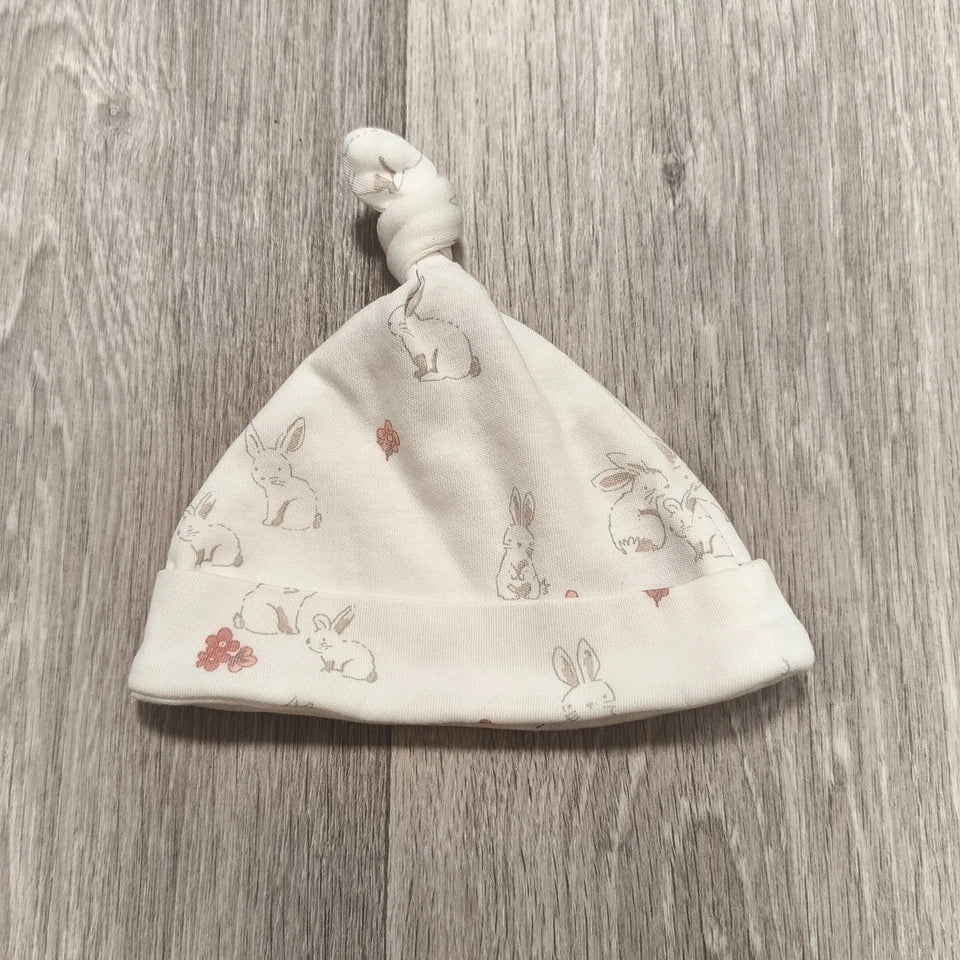 Next Baby First Size Top Knot Hat Bunny Rabbit Print 100% Cotton Newborn Beanie