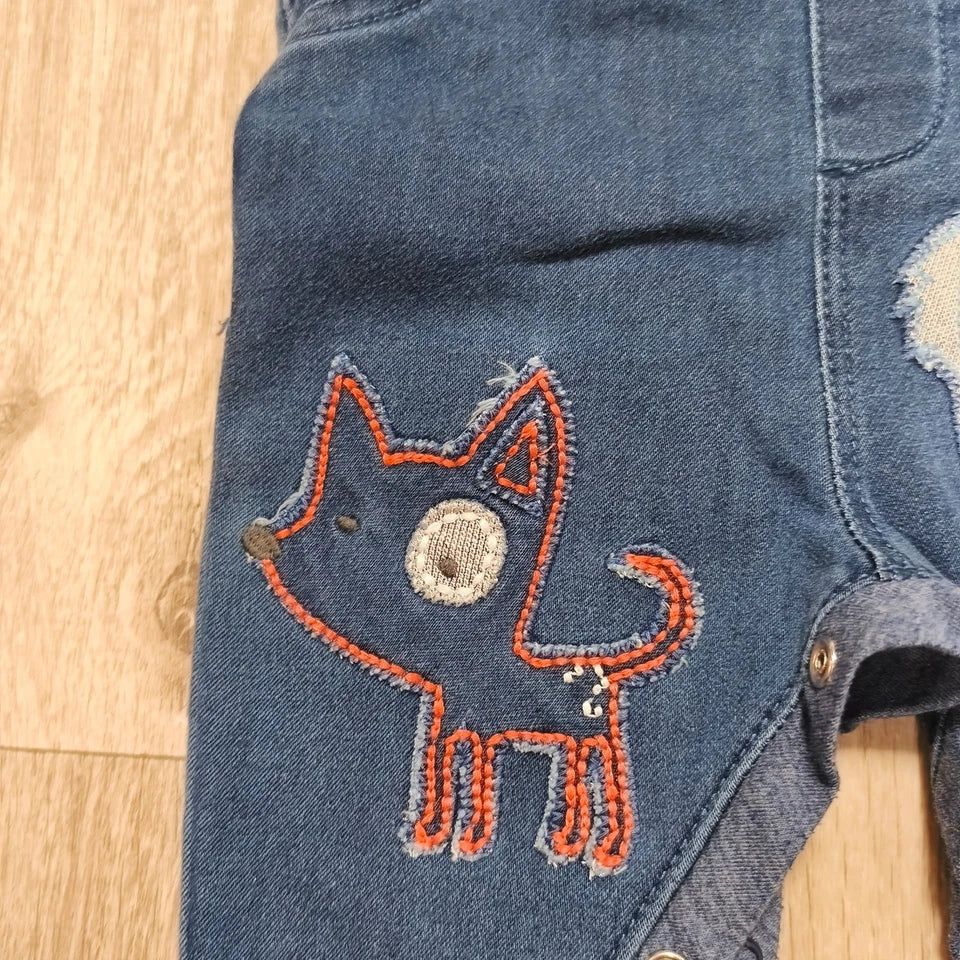 Next Baby Blue Denim Dungarees Overalls Dog Embroidery Snap Inseam 3-6 Months